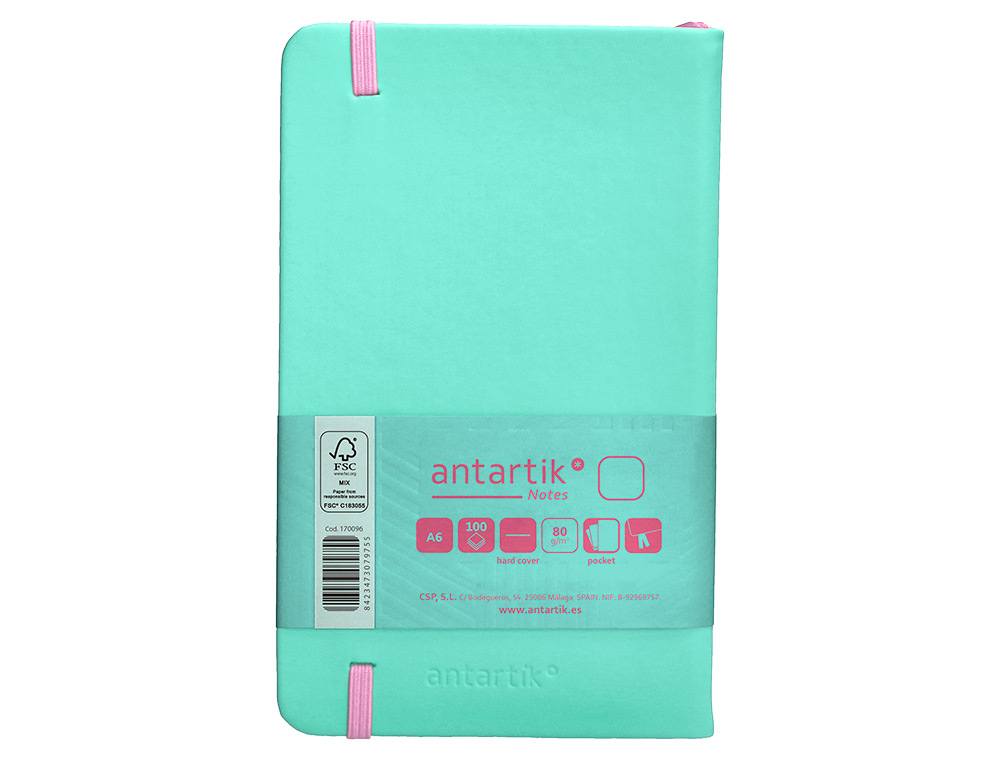 CUADERNO CON GOMILLA ANTARTIK NOTES TAPA DURA A6 HOJAS LISAS ROSA Y TURQUESA 100 HOJAS 80 GR FSC