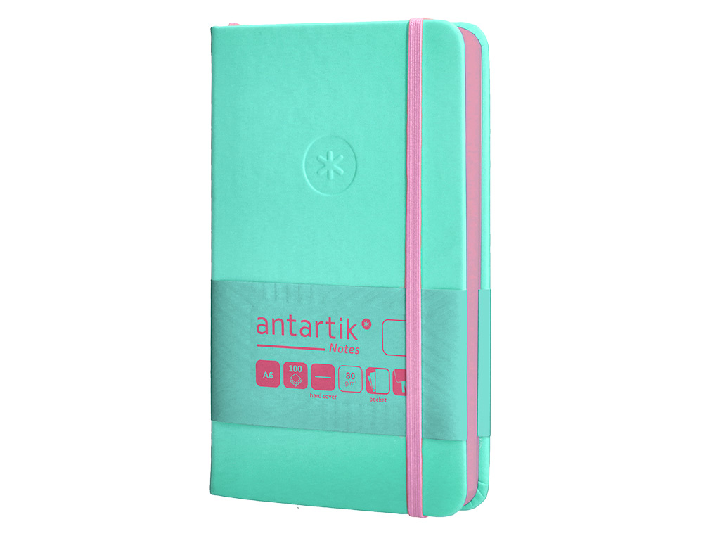 CUADERNO CON GOMILLA ANTARTIK NOTES TAPA DURA A6 HOJAS LISAS ROSA Y TURQUESA 100 HOJAS 80 GR FSC