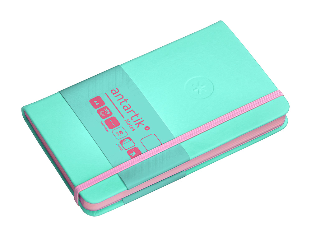 CUADERNO CON GOMILLA ANTARTIK NOTES TAPA DURA A6 HOJAS LISAS ROSA Y TURQUESA 100 HOJAS 80 GR FSC