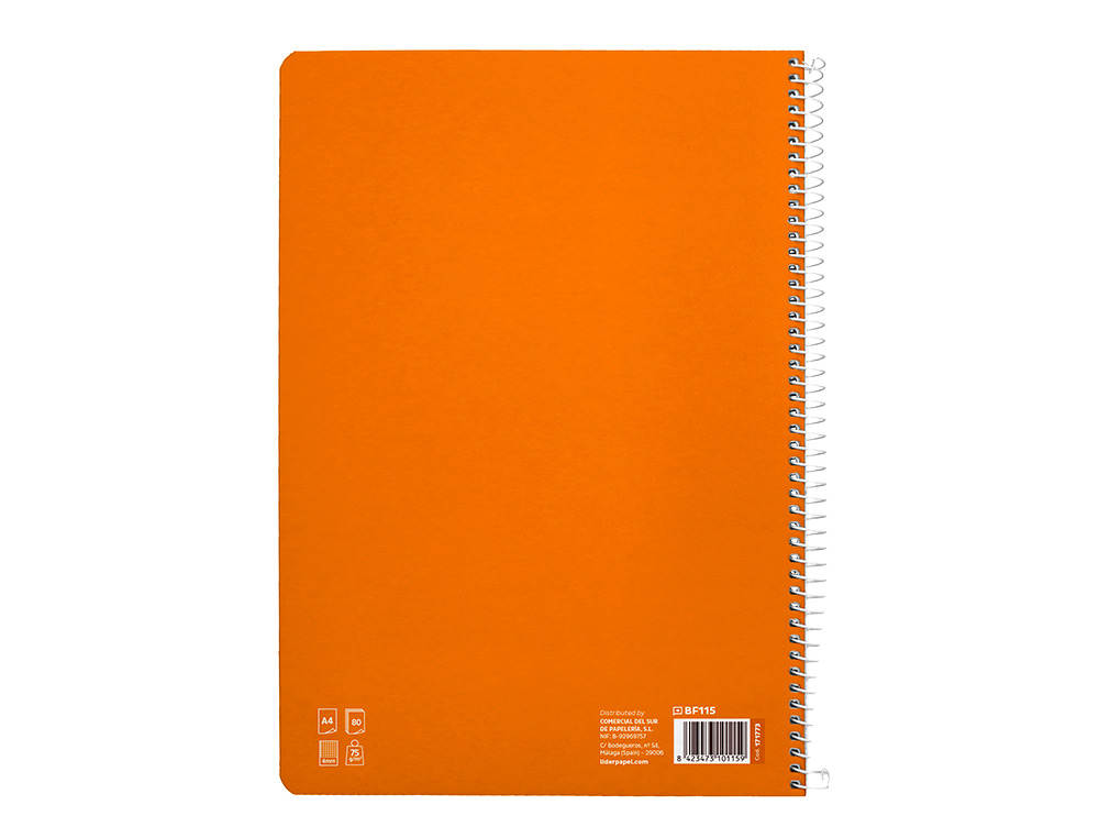 CUADERNO ESPIRAL LIDERPAPEL A4 PAUTAGUIA TAPA BLANDA 80H 75 GR CUADRO PAUTADO 4MM COLOR NARANJA