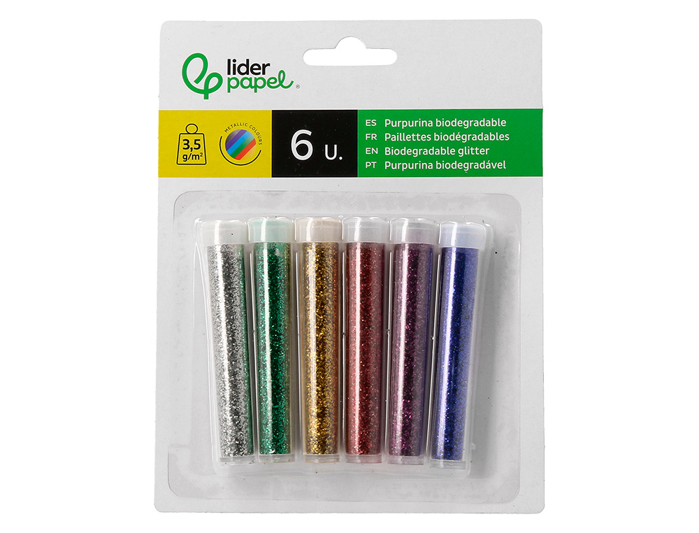 PURPURINA LIDERPAPEL BIODEGRADABLE FANTASIA BOTE DE 3,5 GR COLORES METALICOS SURTIDOS BLISTER DE 6