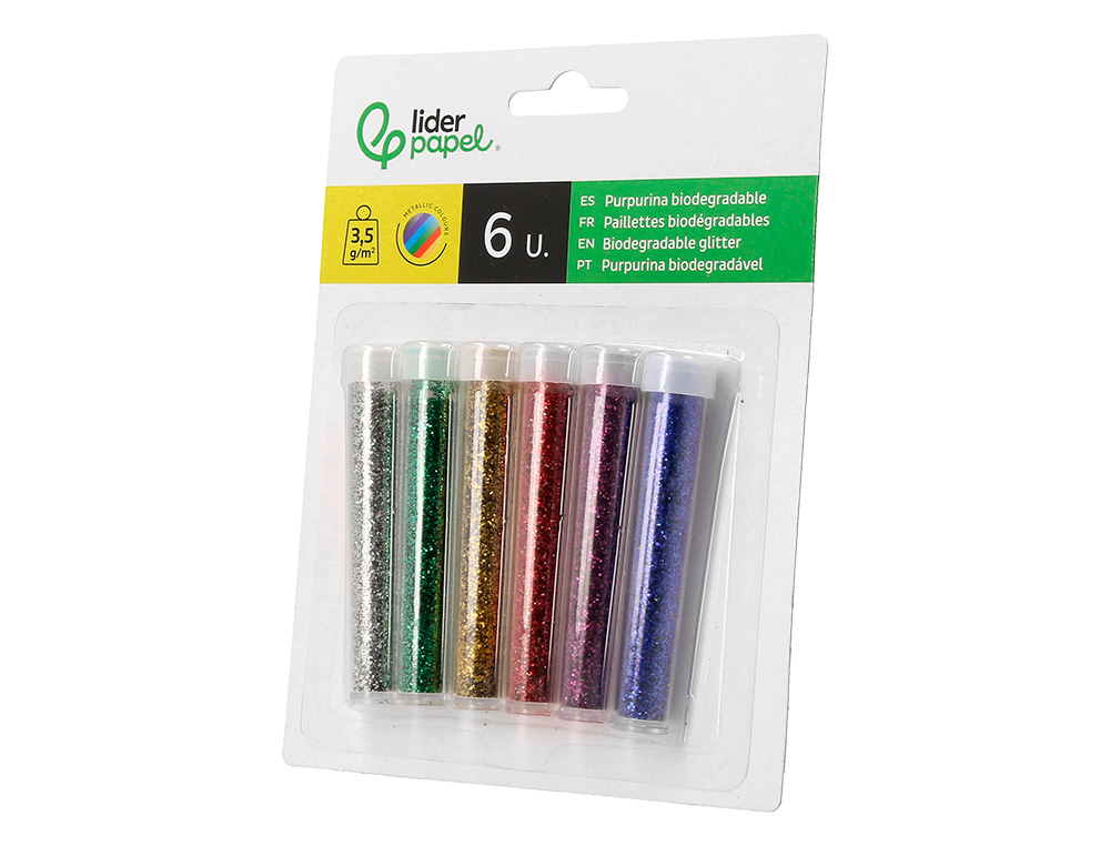PURPURINA LIDERPAPEL BIODEGRADABLE FANTASIA BOTE DE 3,5 GR COLORES METALICOS SURTIDOS BLISTER DE 6