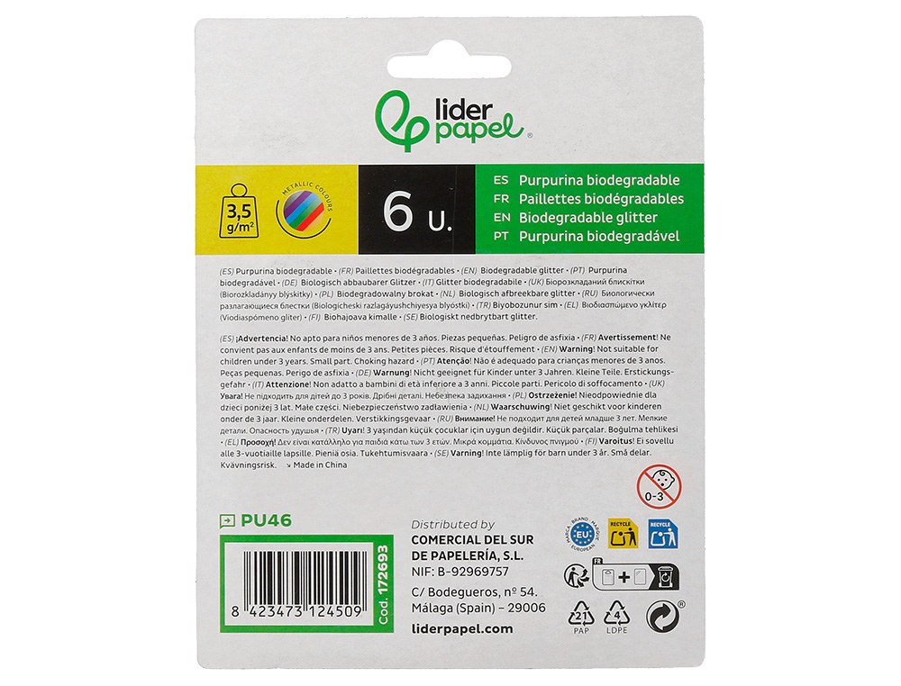 PURPURINA LIDERPAPEL BIODEGRADABLE FANTASIA BOTE DE 3,5 GR COLORES METALICOS SURTIDOS BLISTER DE 6