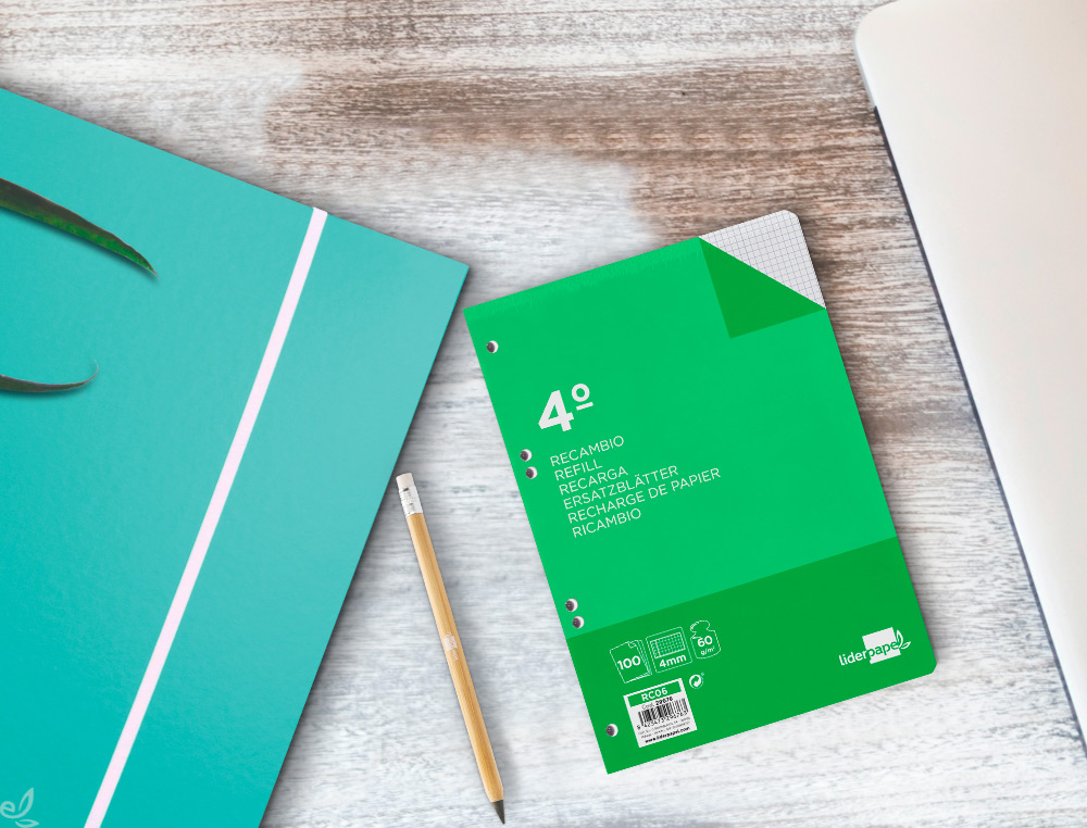 RECAMBIO LIDERPAPEL CUARTO 100 HOJAS 60G/M2 CUADRO 4MM CON MARGEN 6 TALADROS