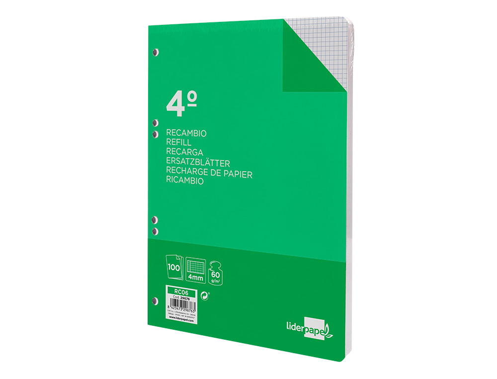 RECAMBIO LIDERPAPEL CUARTO 100 HOJAS 60G/M2 CUADRO 4MM CON MARGEN 6 TALADROS