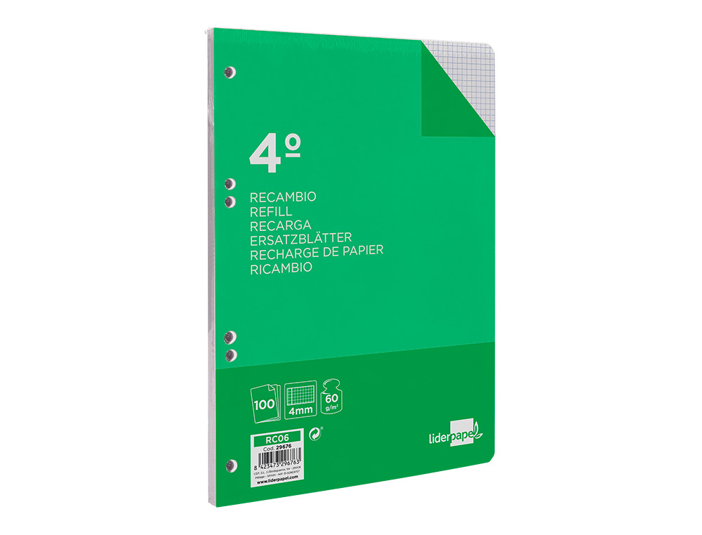 RECAMBIO LIDERPAPEL CUARTO 100 HOJAS 60G/M2 CUADRO 4MM CON MARGEN 6 TALADROS