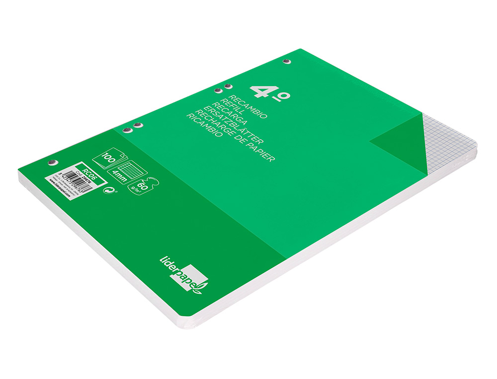 RECAMBIO LIDERPAPEL CUARTO 100 HOJAS 60G/M2 CUADRO 4MM CON MARGEN 6 TALADROS