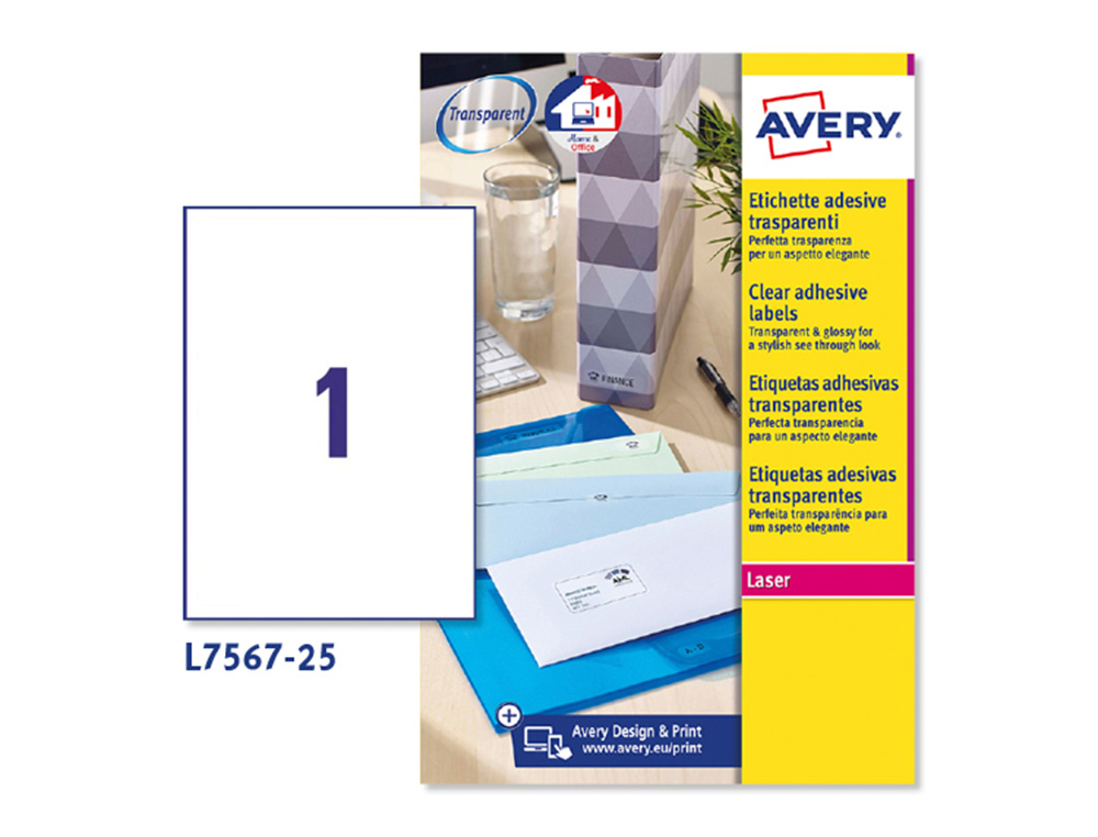 ETIQUETA ADHESIVAS RESISTENTE AVERY TRANSPARENTE 210X297 MM CAJA DE 25 UNIDADES